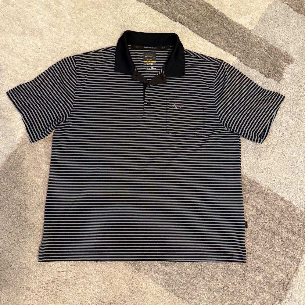 Greg Norman Tasso Elba Five Iron Polo Shirt Mens XL Black White Stripe PlayDry